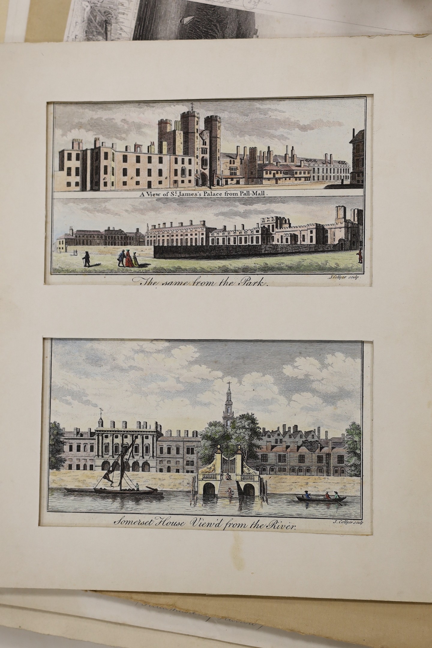 A folio of assorted 18th, 19th and 20th century prints including caricatures by Cruickshank and Bunbury